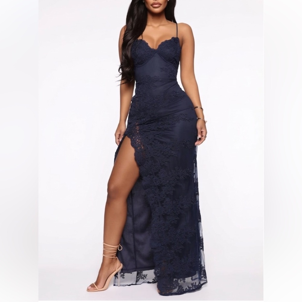 Fashion Nova XS A Night In Tokyo Lace Navy Blue Maxi Dress Slit Spaghetti Strap
